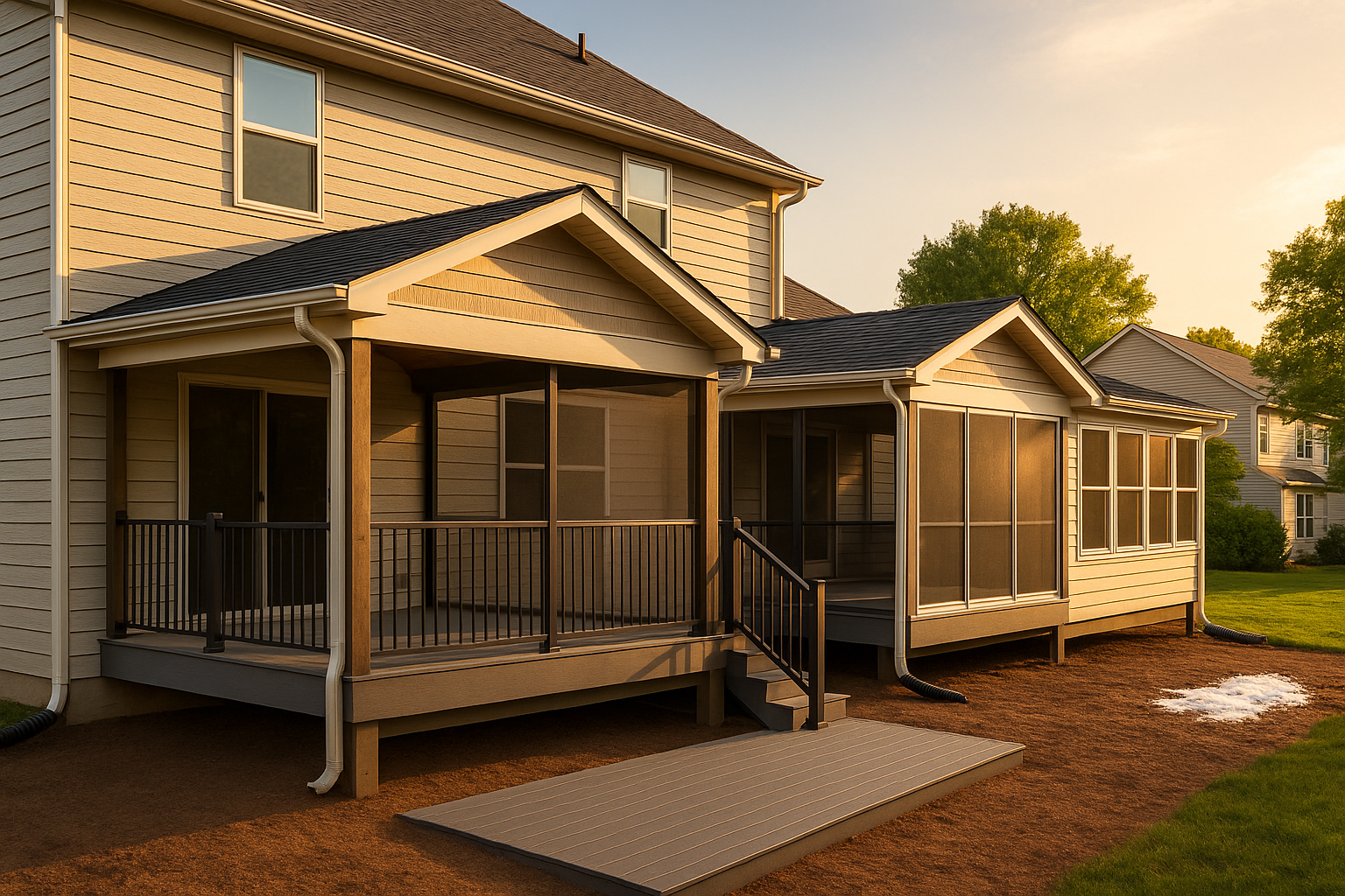 Wide golden-hour Indianapolis backyard with covered deck, screened porch, 3-season room, composite decking, flashing, and clay soil.