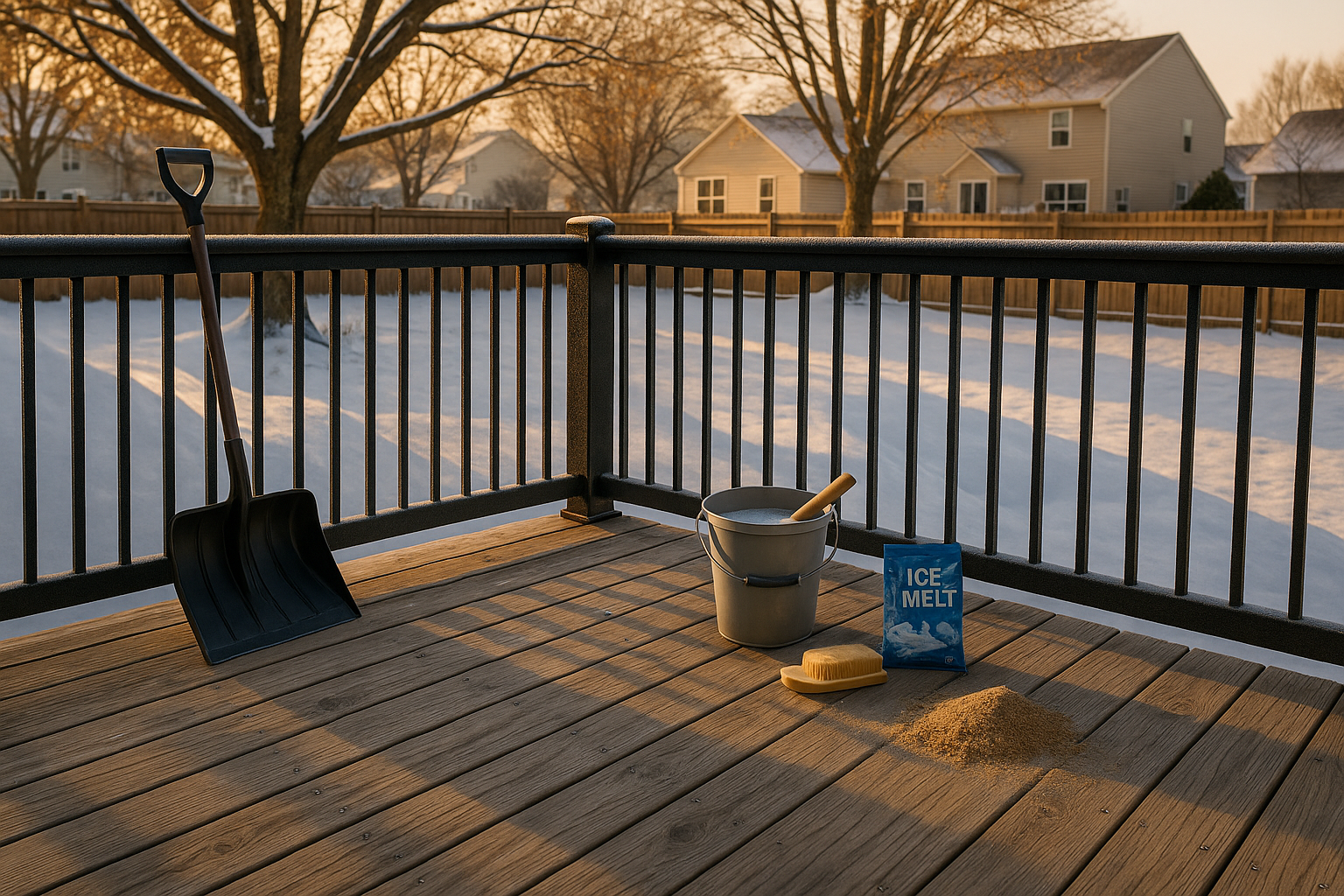 Wide golden-hour Indianapolis backyard deck with cupped gray cedar, frosted black railing, snow drifts, and maintenance items.