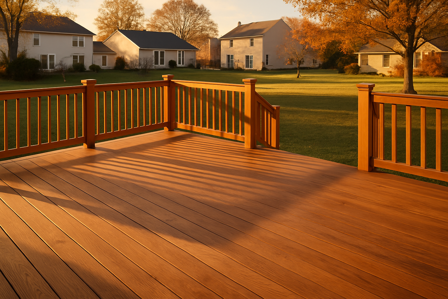 Finished wooden deck at golden hour, warm light, visible grain, suburban Indianapolis backyard.