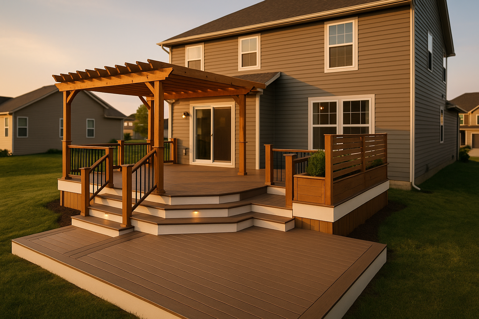 Wide golden-hour view of a multi-level deck with pergola, composite decking, clean fascia, and yard context.
