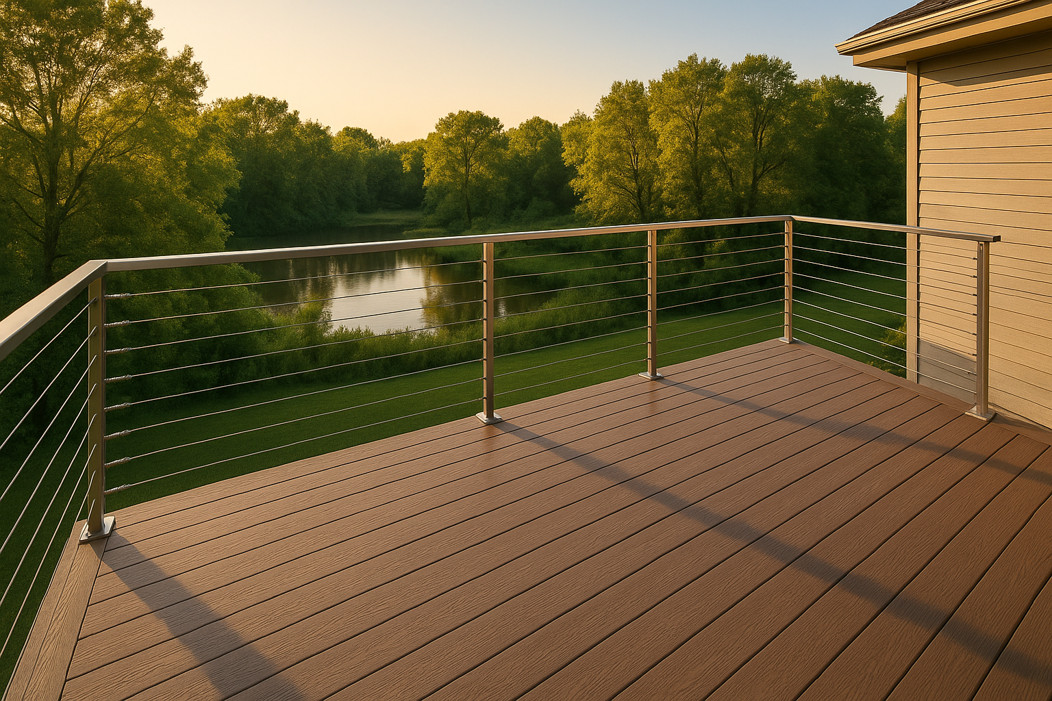 Wide golden-hour deck with composite boards and 316 stainless horizontal cable railing toward trees and pond.