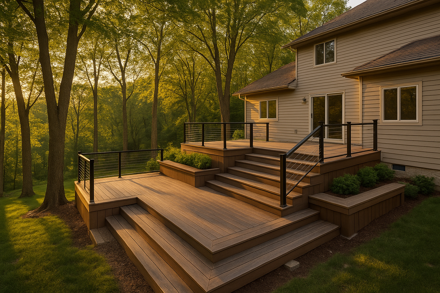Warm golden-hour multi-level deck on a sloped Carmel lot with composite decking, aluminum cable rail, and mature tree canopy.