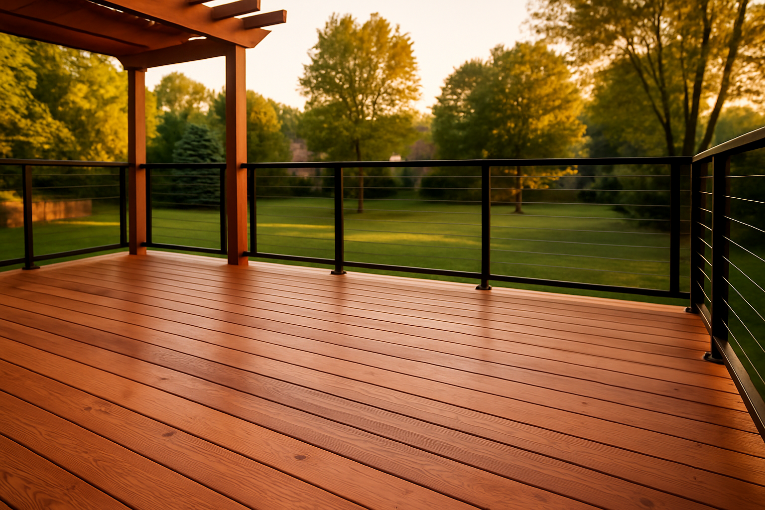 Freshly stained Western Red Cedar deck at golden hour with black aluminum railing and pergola, suburban backyard setting.