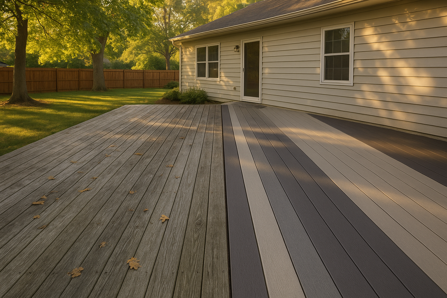 Wide split backyard deck, half weathered cedar, half capped composite, warm golden hour, maple and oak shade.