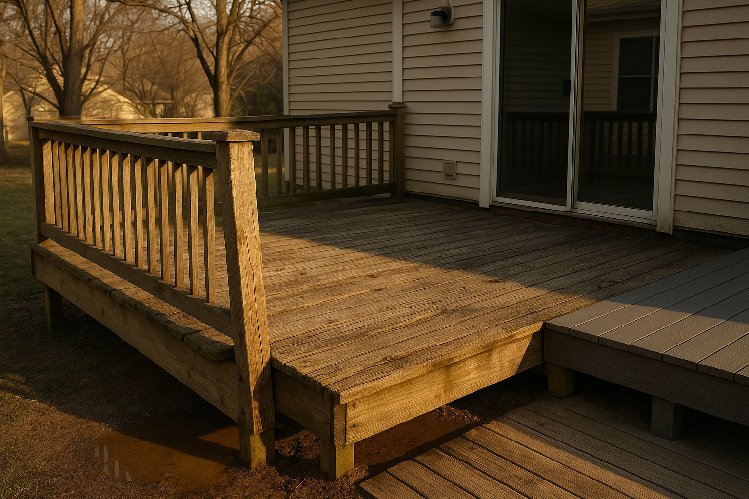 Mid-distance deck in golden light with spongy boards, loose railing, heaved post, puddles and rusted hangers in an Indianapolis backyard.