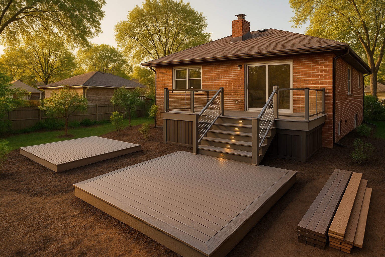 Three finished composite decks at golden hour: small, mid, and elevated examples with varied railings and integrated lighting, suburban Indianapolis setting.