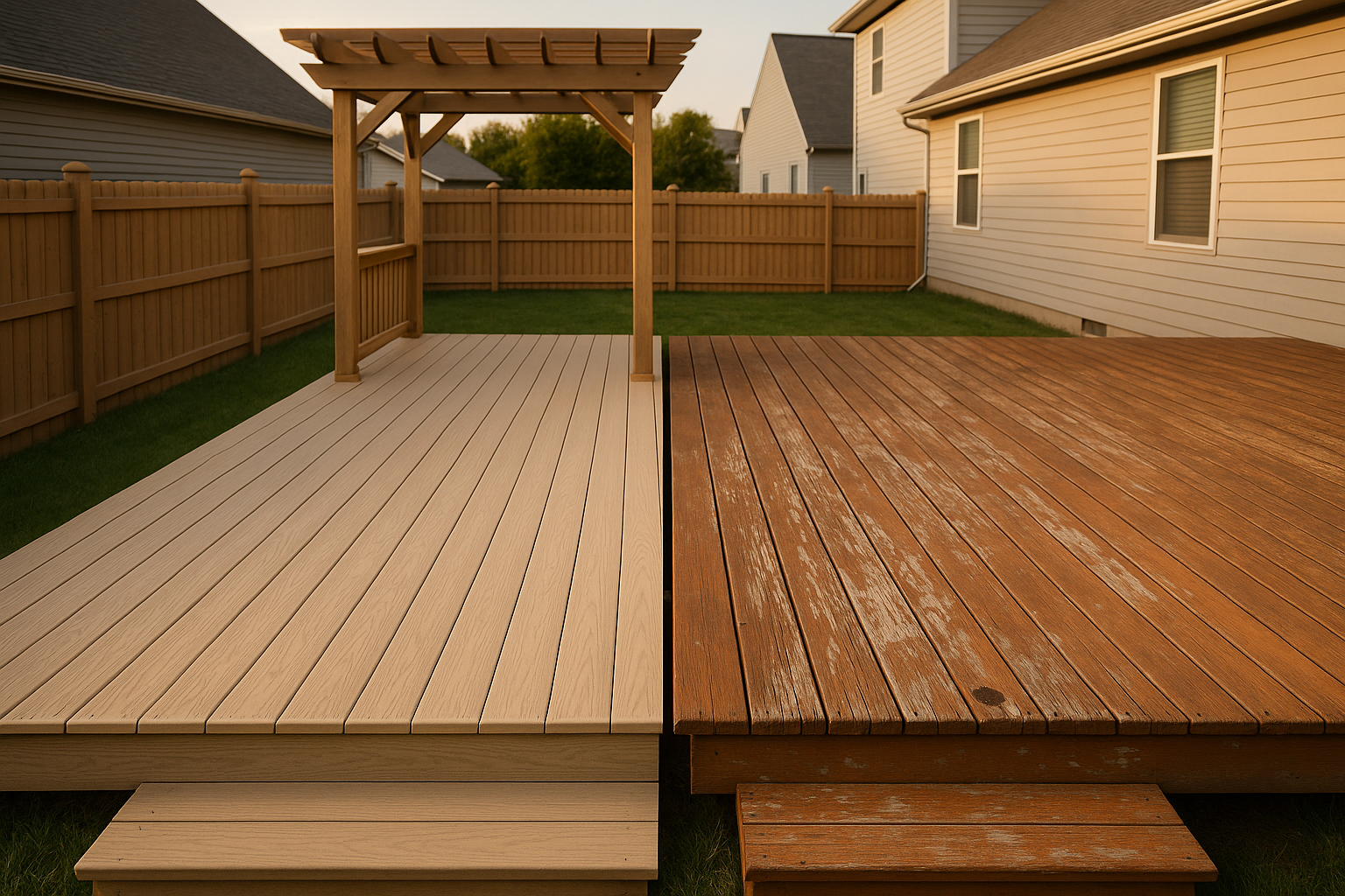 Overhead side-by-side of light composite and weathered wood decks at golden hour in an Indianapolis suburban backyard.