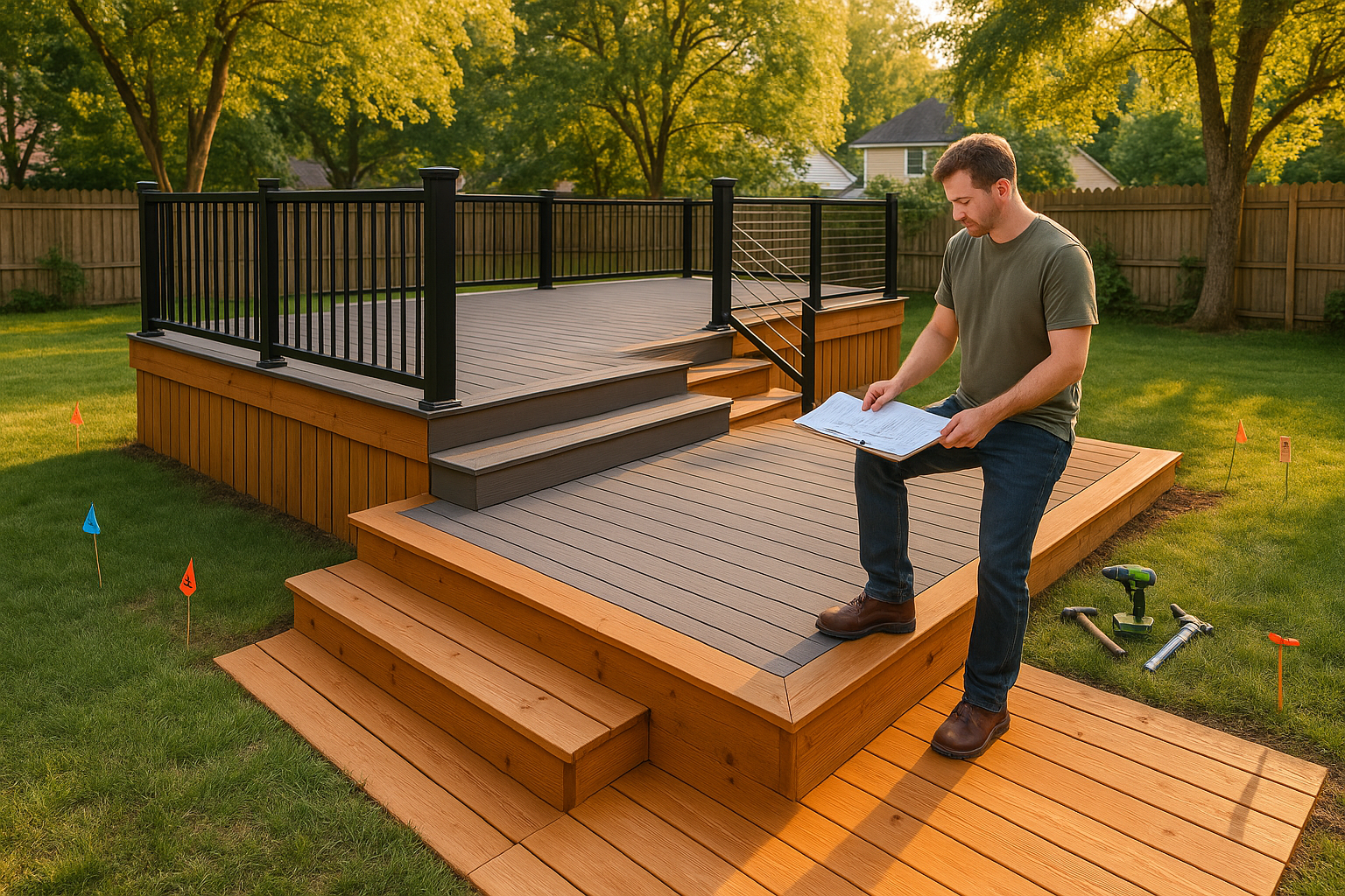 Finished multi-level composite and wood deck in an Indianapolis backyard at golden hour with homeowner and lead reviewing plans.