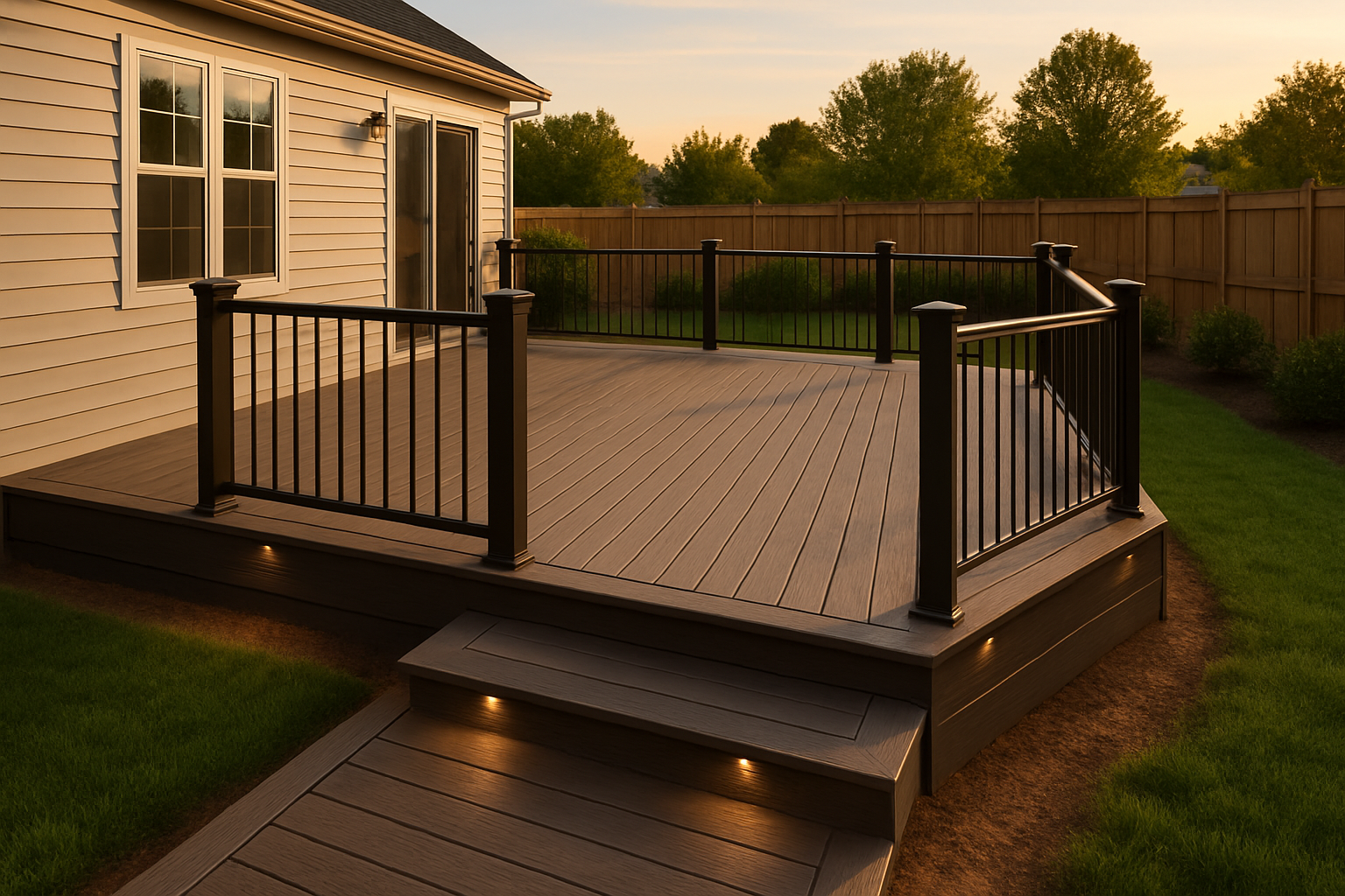 Finished composite deck with picture-frame border, aluminum rail, integrated LED lights in warm golden hour Carmel backyard.