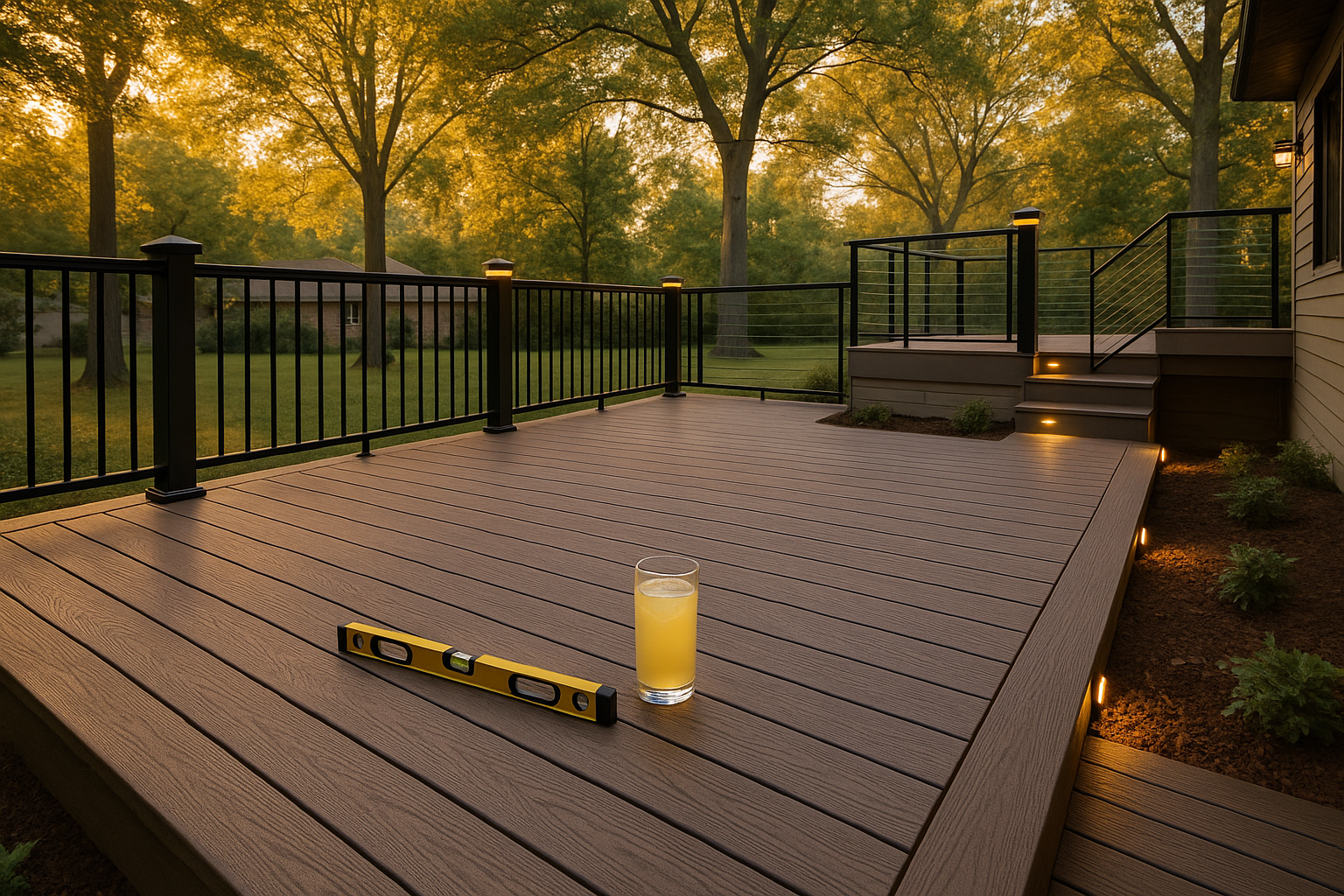Golden-hour composite deck with black aluminum railing, lemonade glass and level, walkout patio under deck, oak canopy overhead.