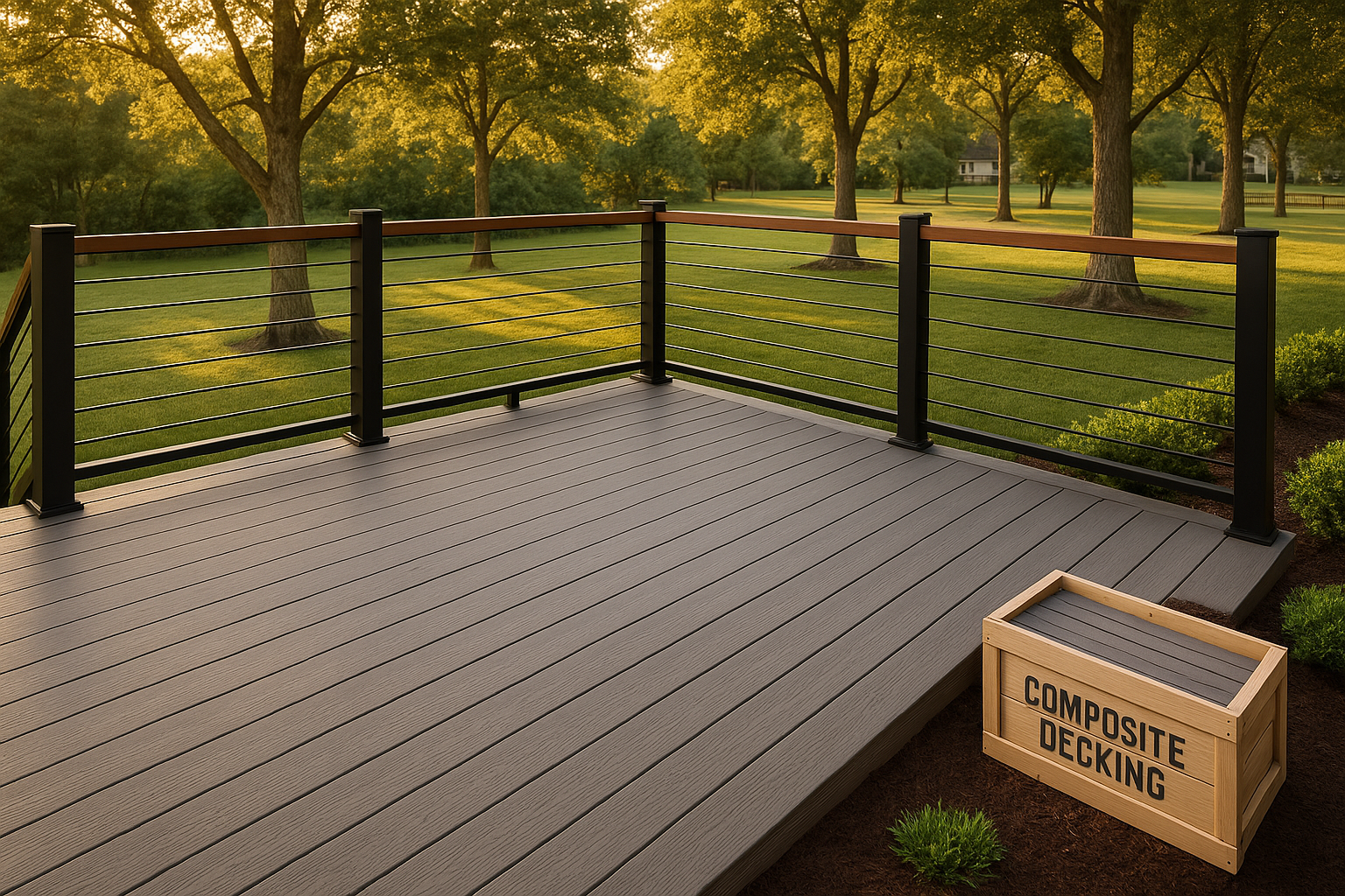Finished composite deck with modern rail, warm golden-hour light, mature oaks, suburban Zionsville backyard.