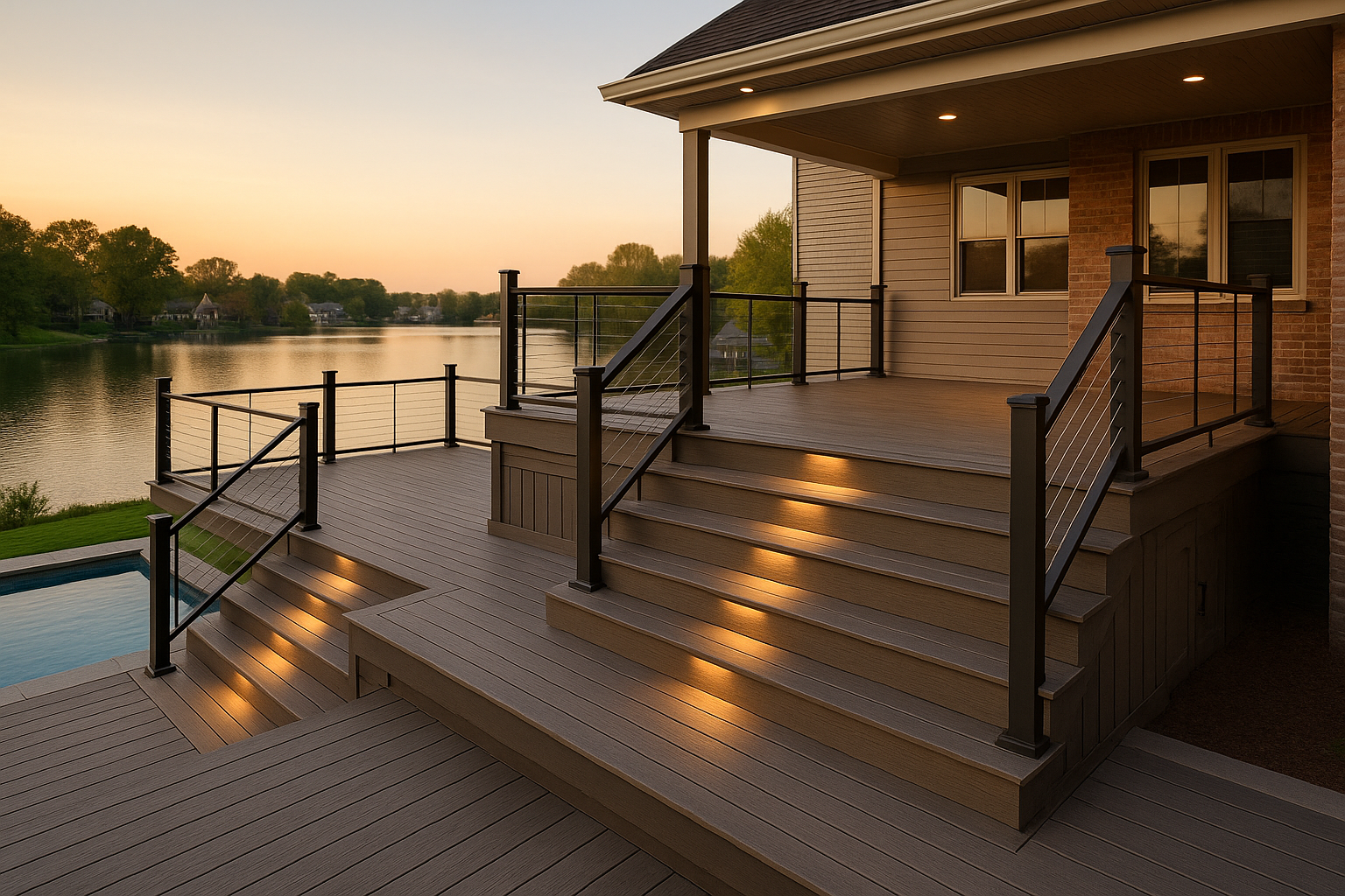 Wide golden-hour view of a multi-level composite/PVC deck overlooking Geist Reservoir with cable railing and illuminated stairs.