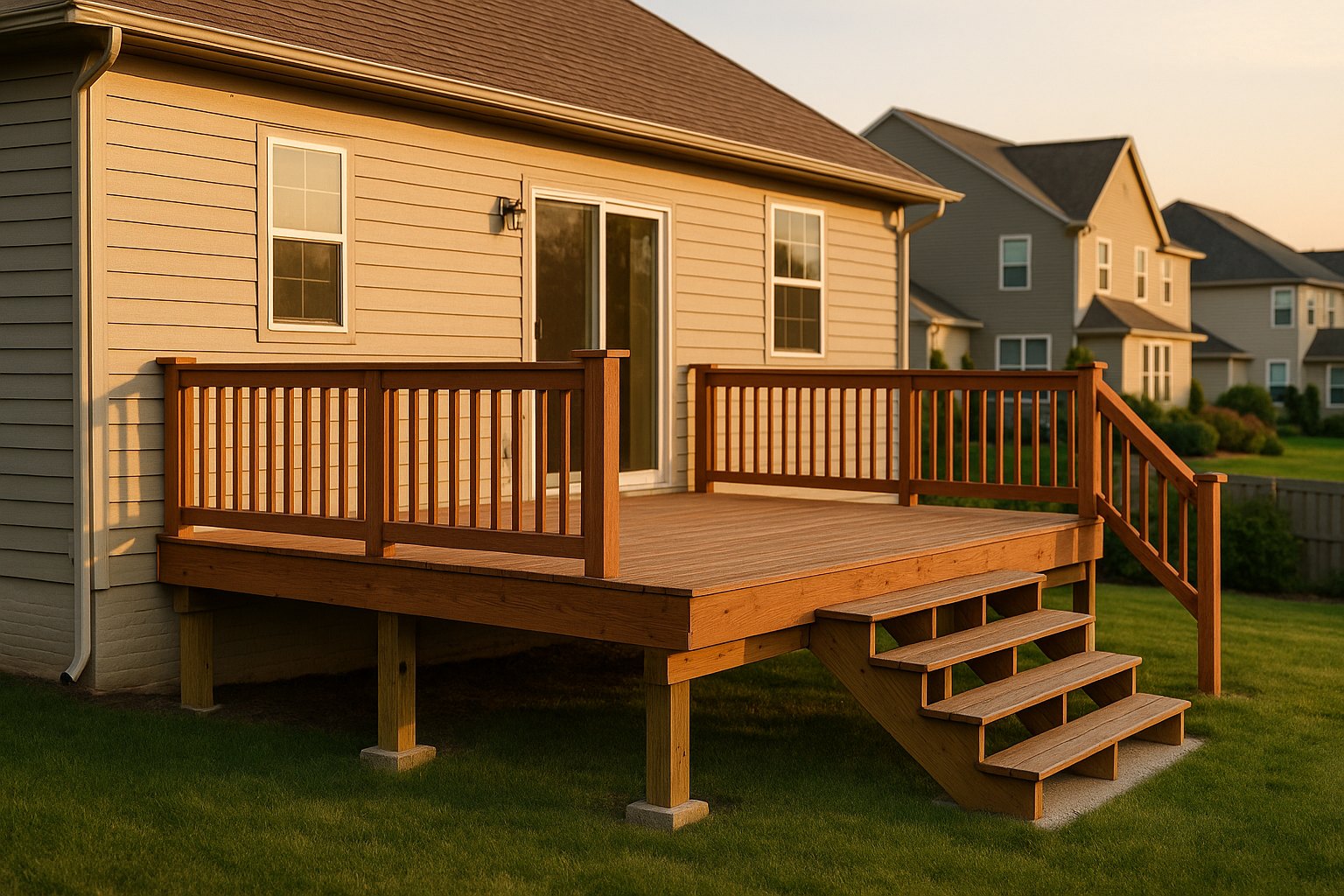 Three-quarter exterior view of a suburban backyard deck at golden hour showing full structure, ledger, stairs, footings, and yard.
