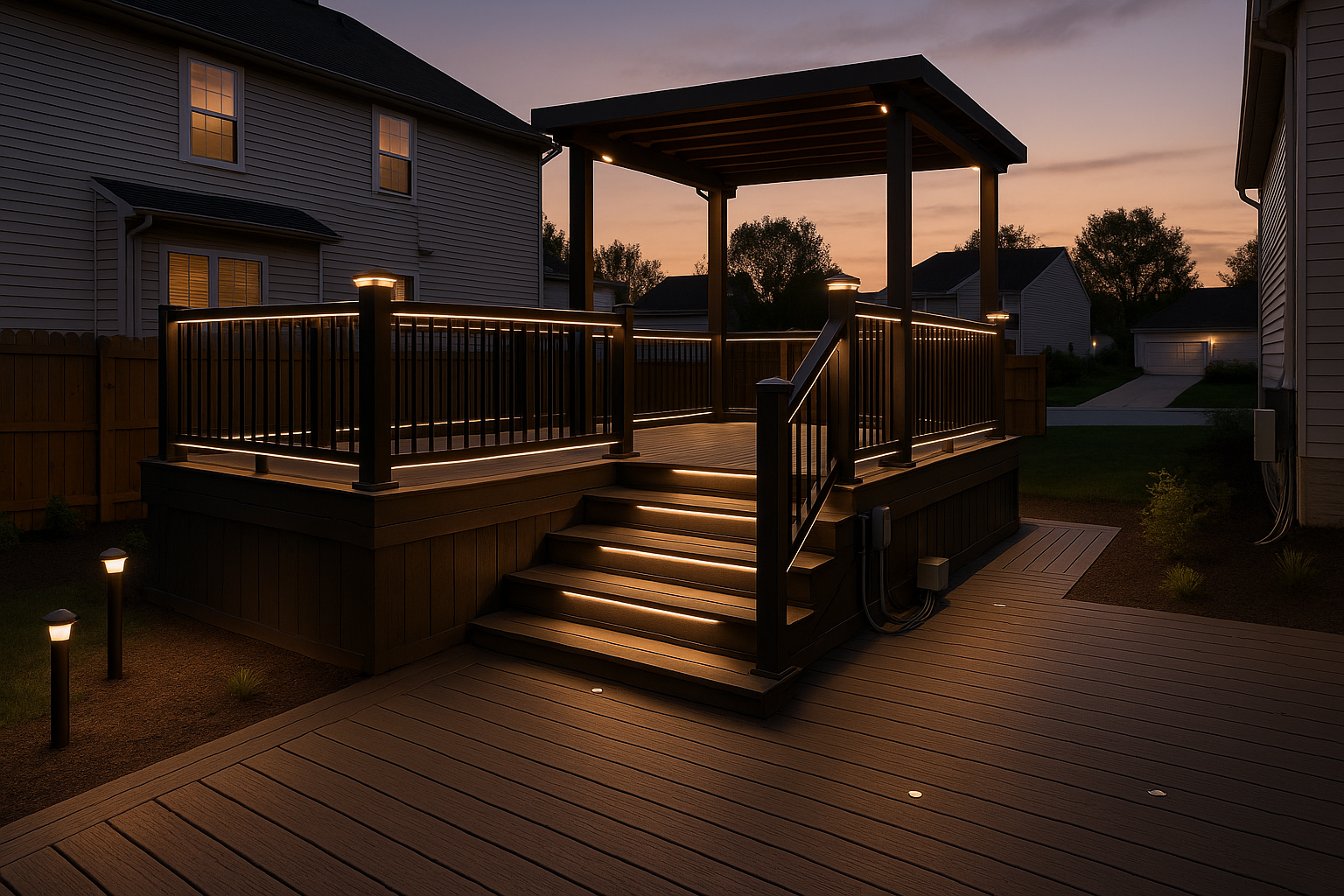 Wide-angle dusk multi-level composite deck with layered warm lighting, pergola downlights, transformer box and concealed wiring.