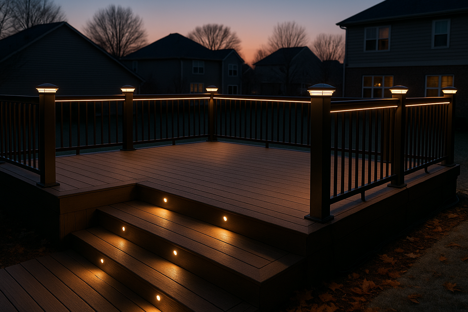 Twilight Carmel backyard deck with warm post-cap, under-rail, stair-riser, and recessed LED lighting, composite decking, suburban street view.