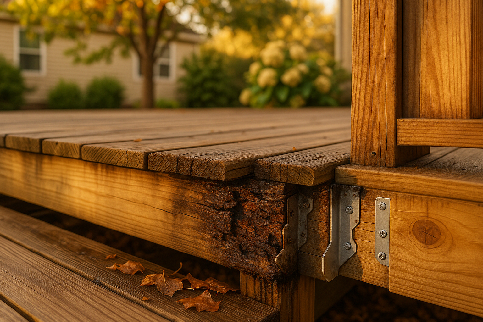 Close-up rotted joist and degraded ledger, corroded fasteners, leaf debris, warm golden hour suburban backyard deck.