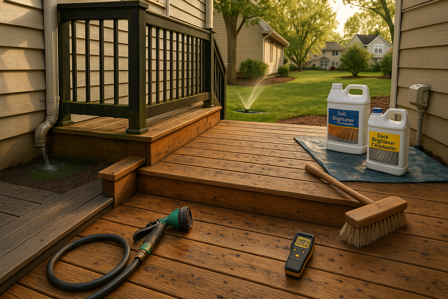 Wide cedar deck scene at golden hour with mold, algae, composite and ipe areas, gutter overflow, sprinkler, tools, and moisture meter.