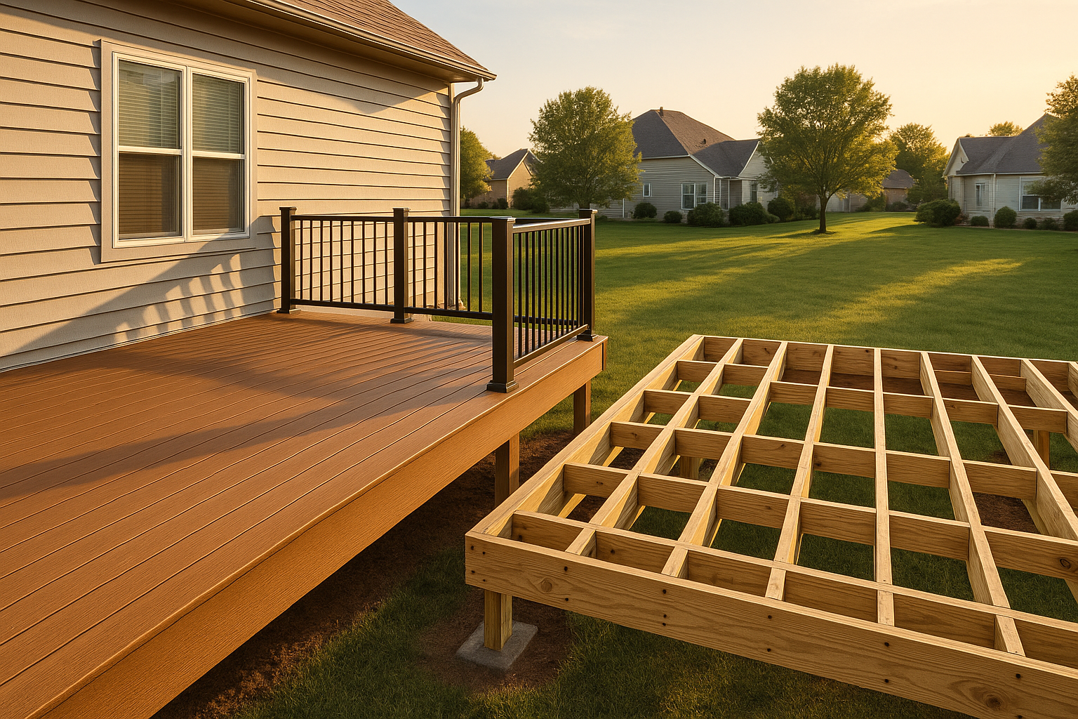 Finished composite deck and adjacent partially built wooden deck frame at golden hour in an Indianapolis suburb.