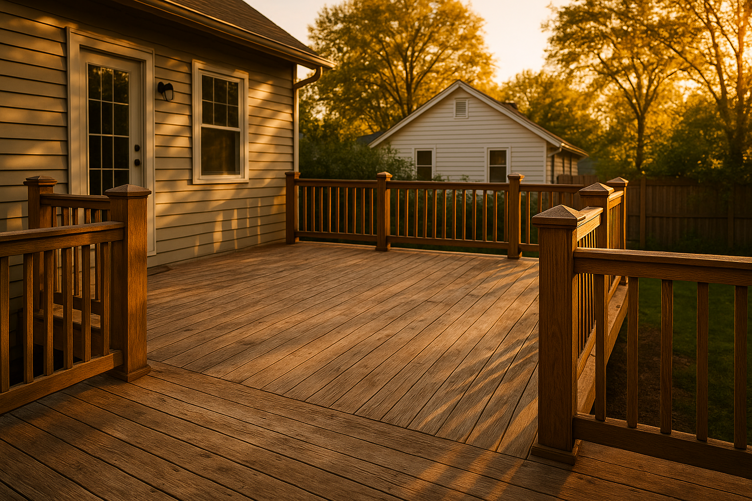 Wide golden-hour Indianapolis backyard deck with multiple capped posts and matching railing finishes.
