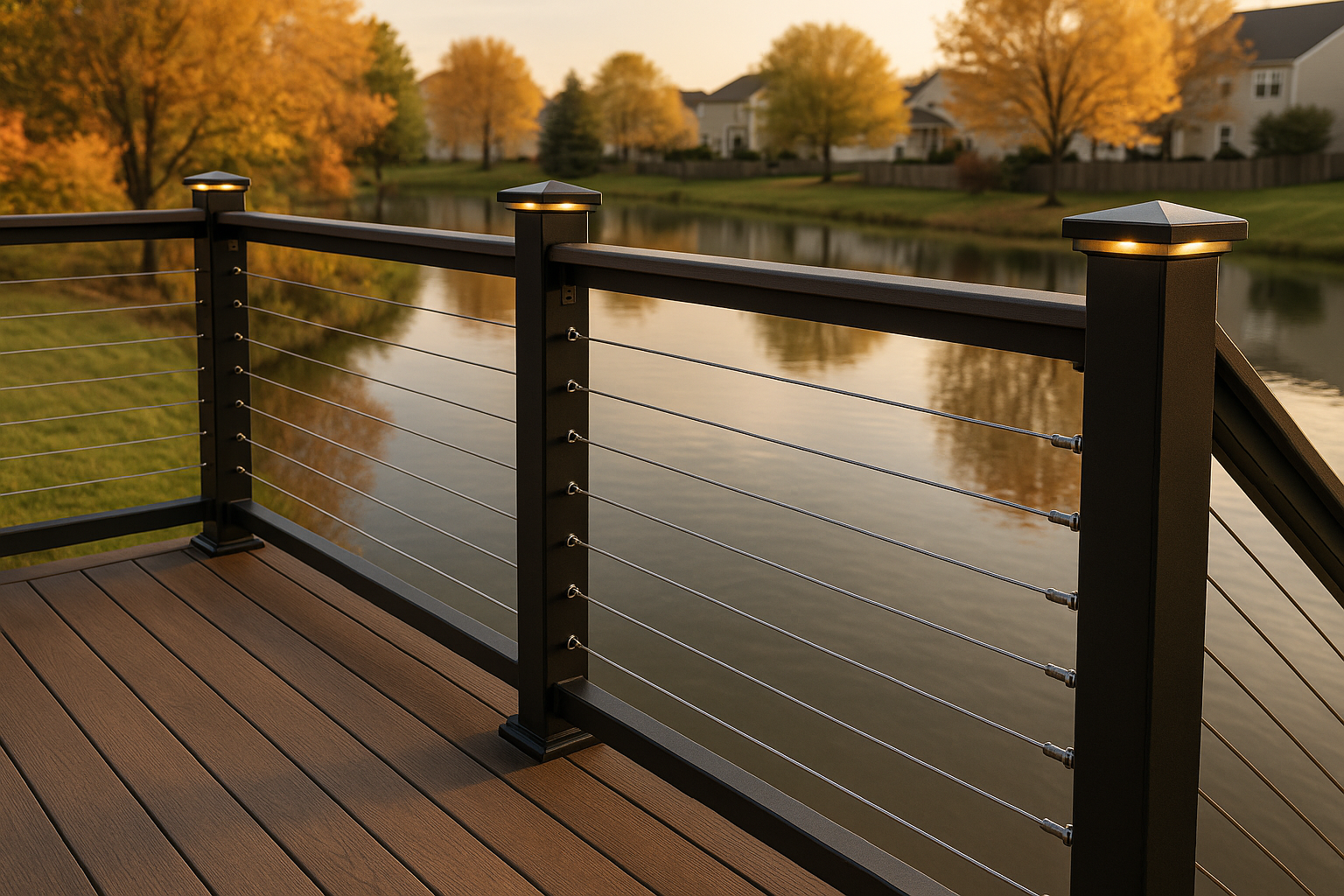 Wide golden-hour backyard view of mixed aluminum/composite railing with cable infill, pond beyond, integrated low-voltage lighting.