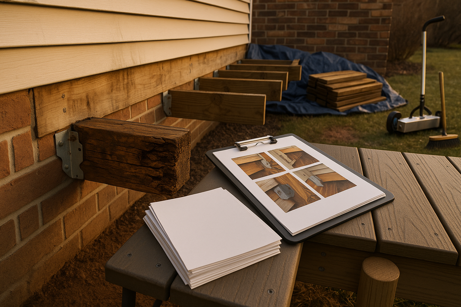 Close-up deck inspection: rotted joist, corroded hangers, ledger leak, clipboard, tarps, golden hour in Indianapolis yard.