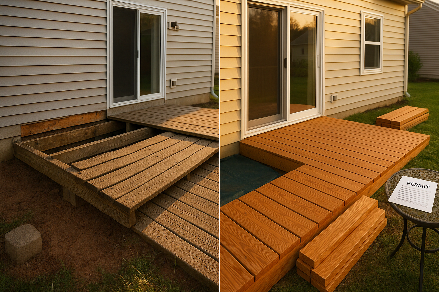 Before-and-after suburban deck at golden hour showing damaged boards and matched repairs, permit on table, tidy worksite, Indiana setting.