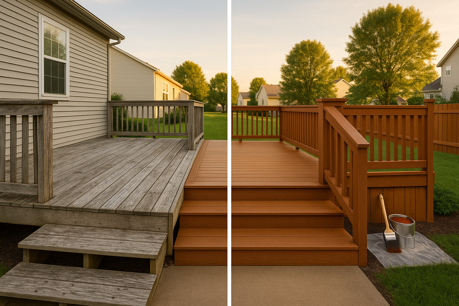 Split-frame deck before-and-after: weathered gray boards vs restored mid-brown semi-transparent finish in golden-hour backyard.