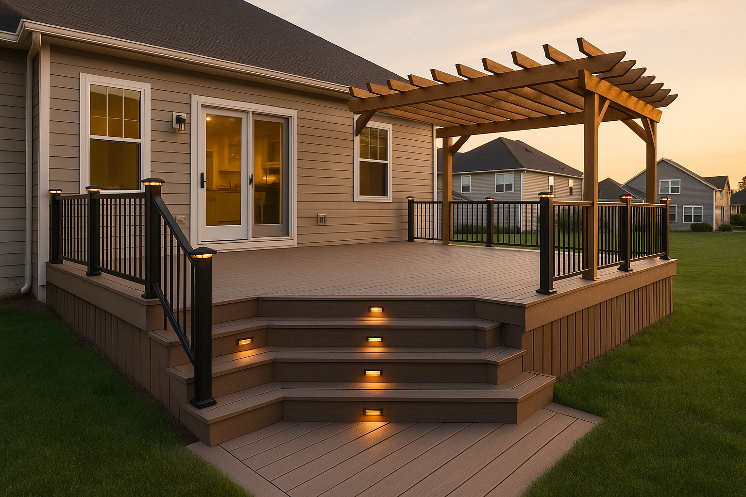 Wide composite deck with cedar trim, dark aluminum railings, lit wide stairs to lawn at golden hour in a Carmel-style backyard.