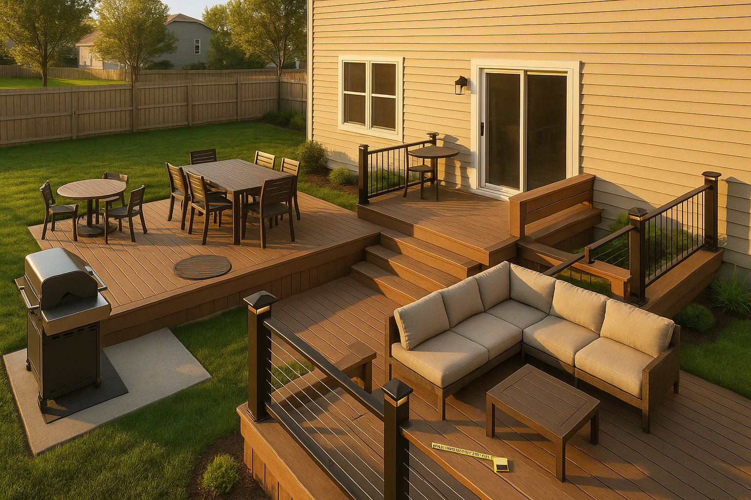 Split-level Fishers backyard deck at golden hour with dining, grill pad, sectional lounge, hot tub pad, composite boards, black rail.