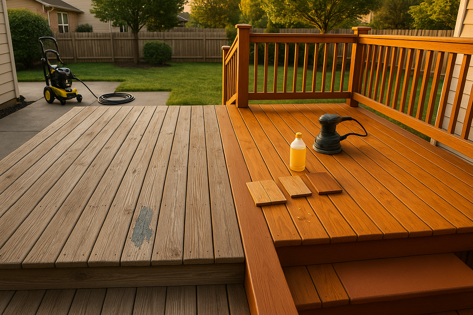 Golden-hour suburban deck showing side-by-side worn and restored boards, tools, sample boards, and water-beading test in backyard.