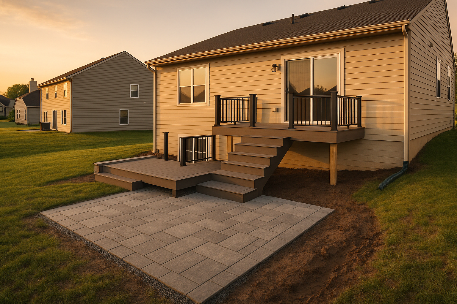 Split-level house with sliding door ~3ft above yard, composite deck with black aluminum railing stepping to paver patio, clay yard, golden-hour light.