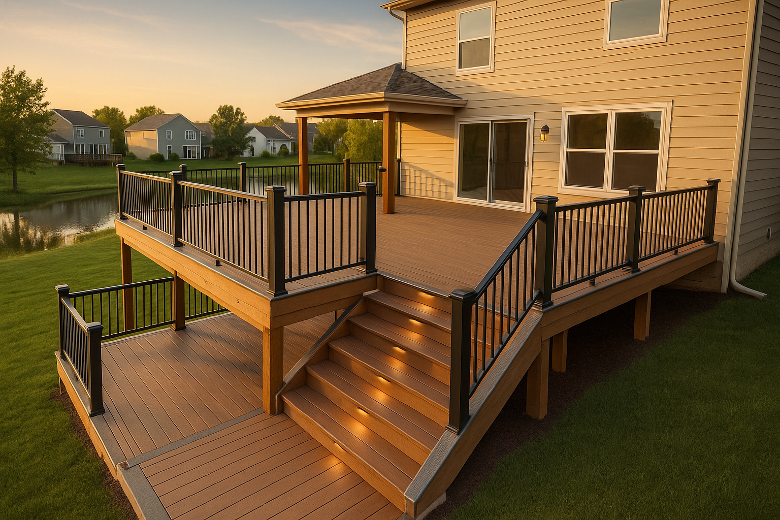 Wide golden-hour view of a multi-level deck on a walkout basement with pond and greenbelt, composite boards, aluminum rail, under-deck space.