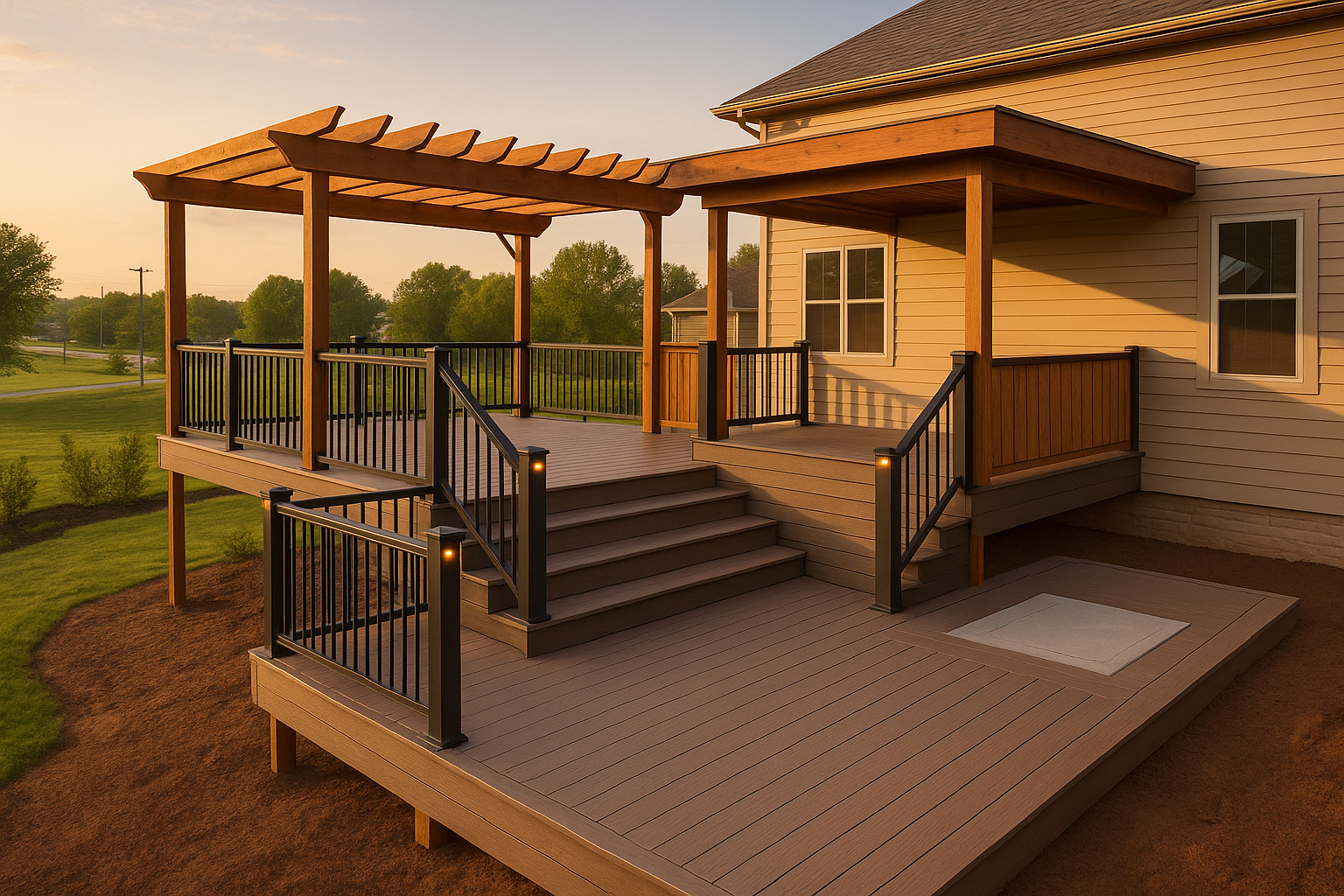 Multi-level finished deck with composite and cedar, aluminum railing, pergola and hot tub pad in warm golden hour Greenwood yard.