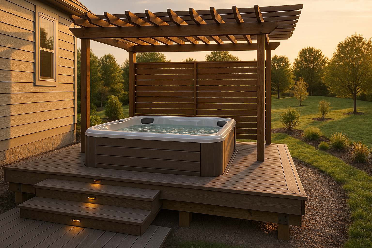 Back deck hot tub at golden hour with waterline slosh, visible deck sag and reinforced 6x6 posts and LVL beams, suburban backyard.