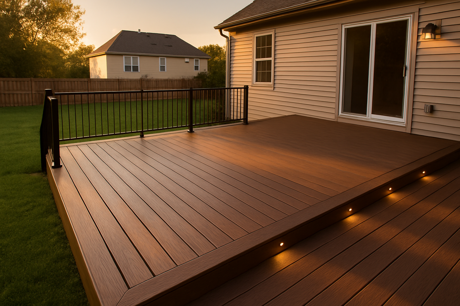 Finished composite deck with picture-frame border and recessed lighting at golden hour in an Indianapolis suburban backyard.