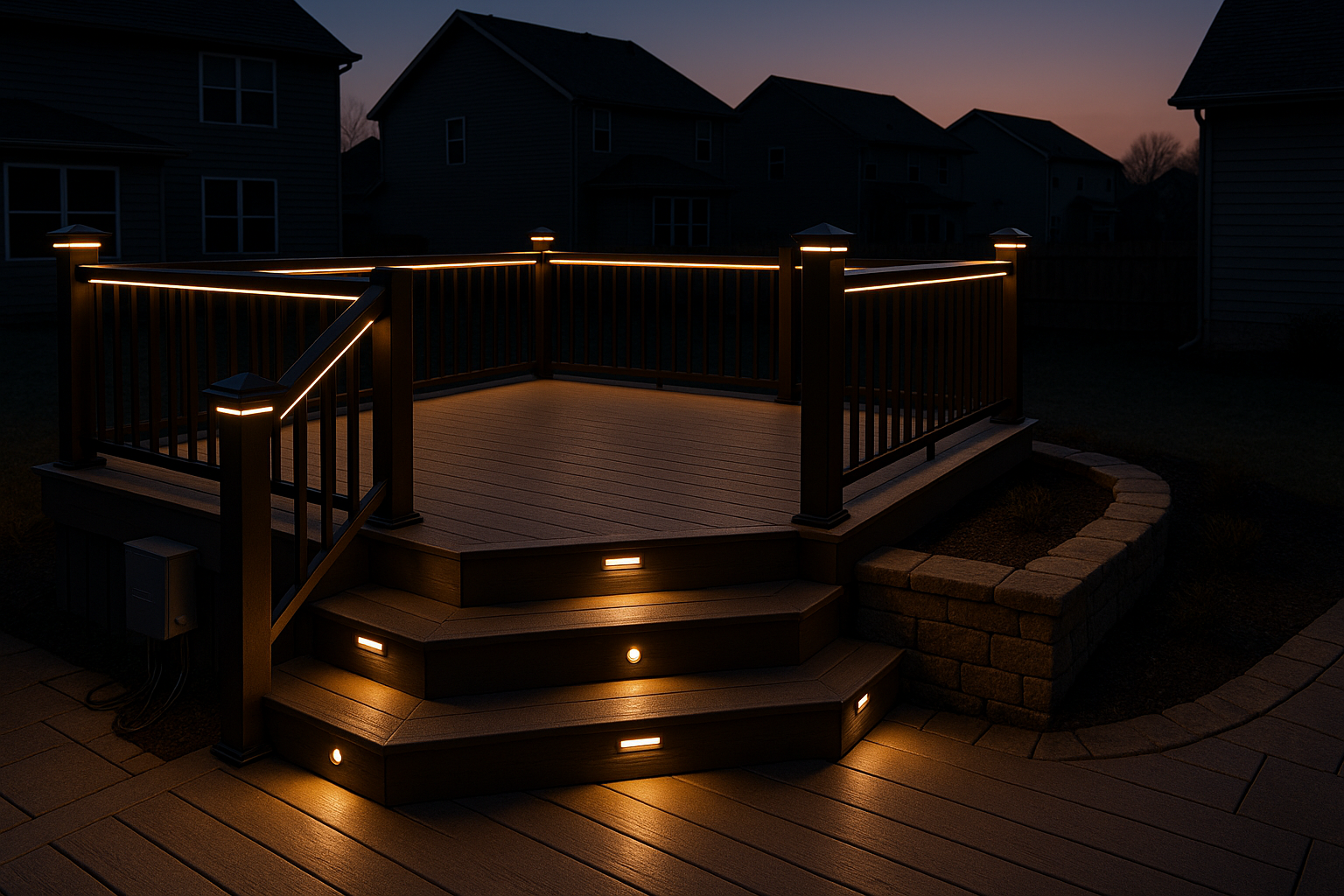 Dusk Indianapolis backyard deck with layered warm LEDs on stairs, rails, and perimeter; transformer and junction box visible under deck.