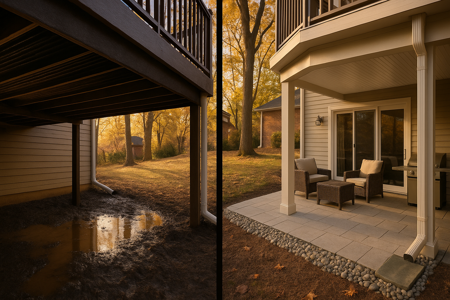 Split before/after under-deck drainage: wet muddy void vs dry beadboard-ceiling patio, hidden gutter to splash block, golden-hour suburban yard.