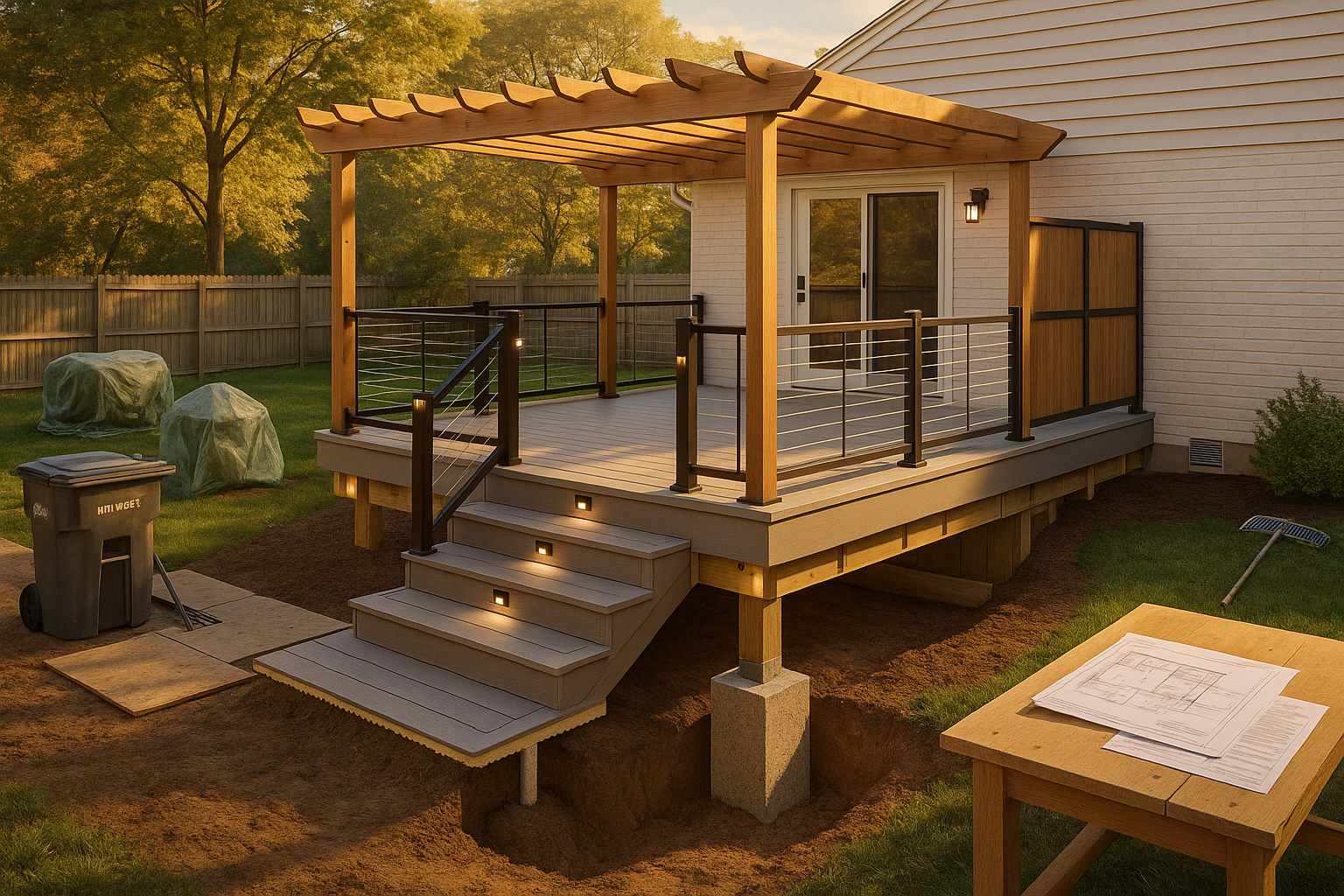 Single-level Indianapolis backyard deck with light capped composite boards, pergola, aluminum and cable rail, ledger flashing, under-deck drainage, golden hour.