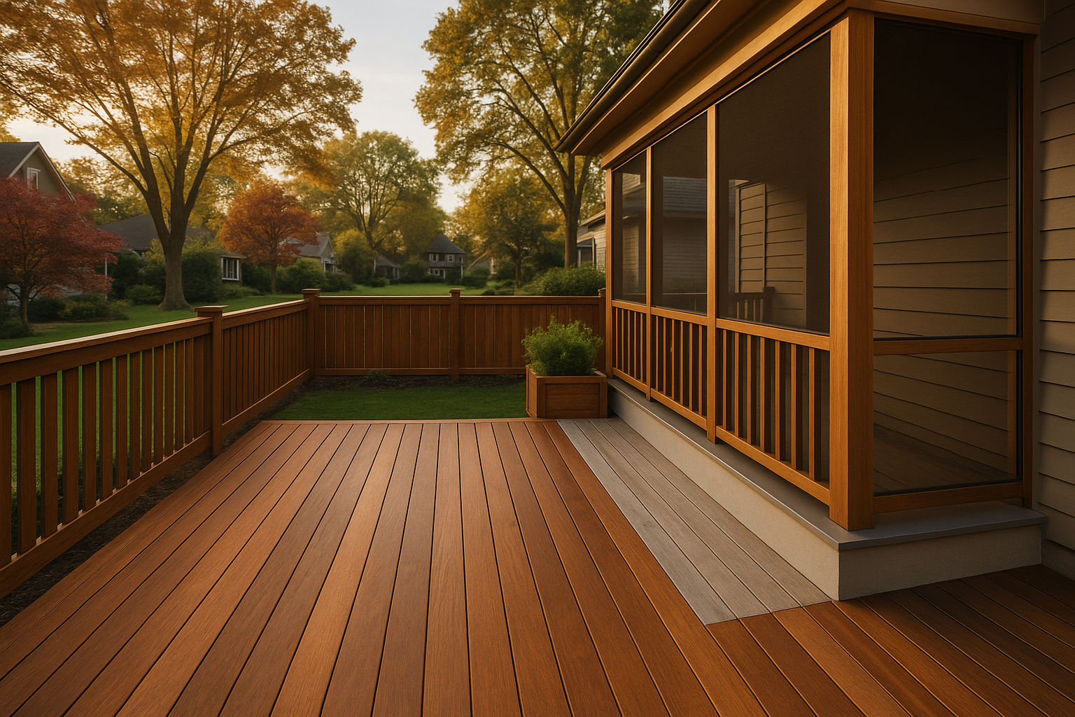 Wide-angle golden-hour Ipe deck and screened porch seam in an Indianapolis residential yard, premium wood and watertight joint.