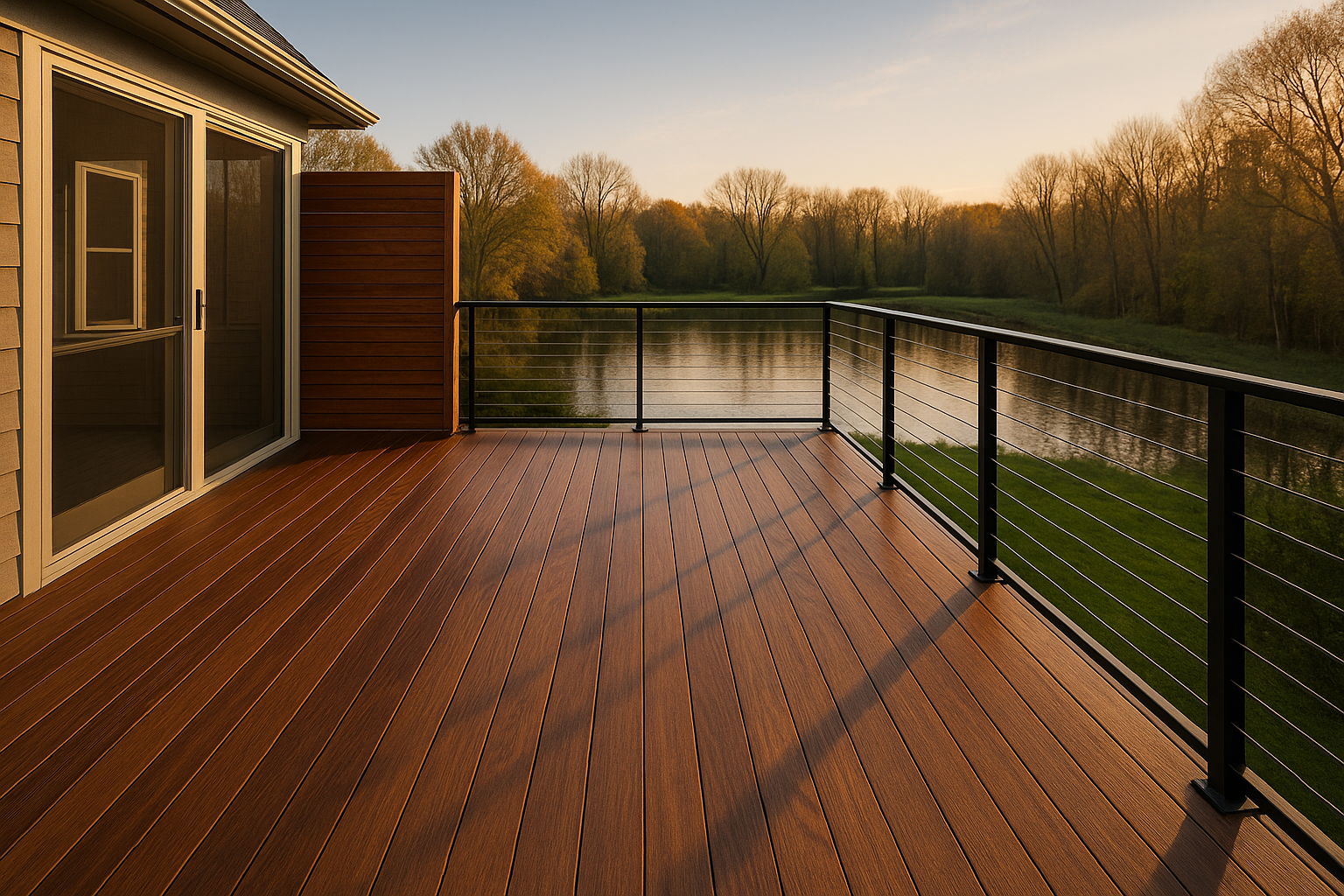 Wide-angle IPE deck at golden hour with black aluminum cable railing, screened room tie-in, pond and woods backdrop.