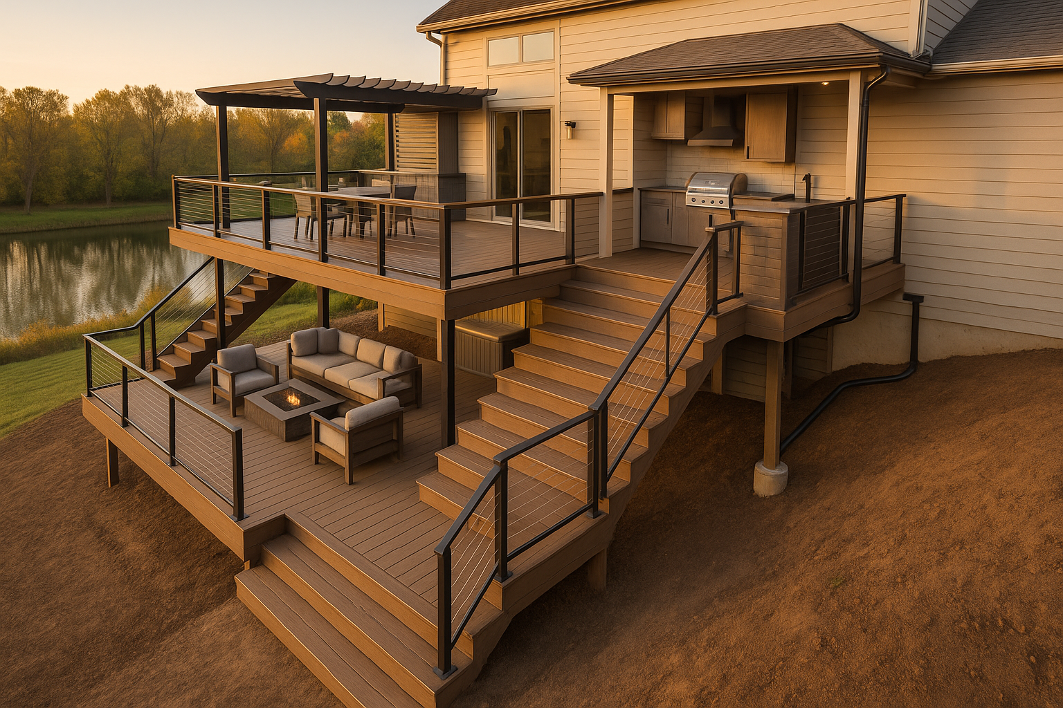 Multi-level deck on sloped lot with upper grill dining, mid lounge, lower covered patio and visible under-deck drainage at golden hour.