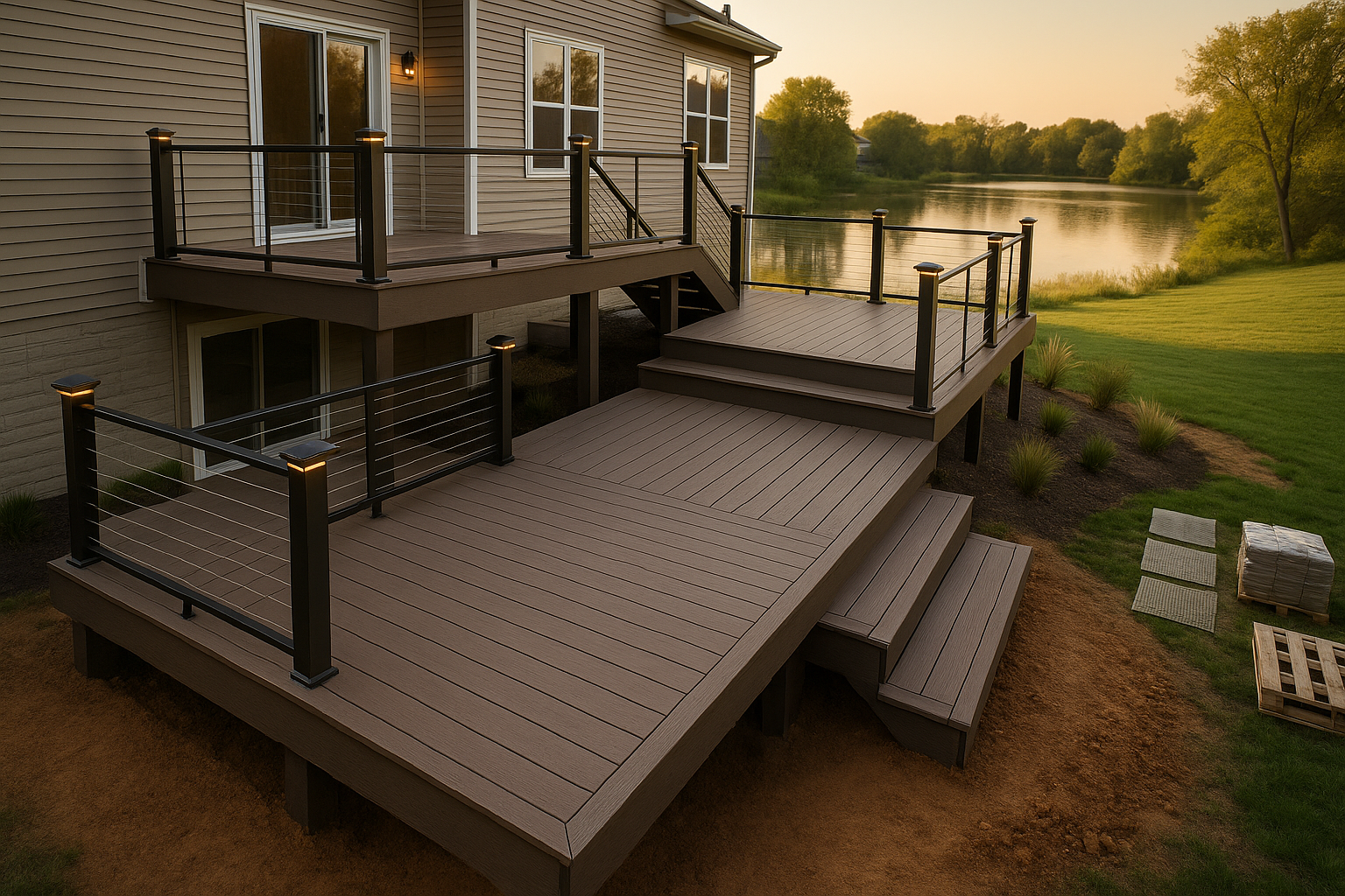 Multi-level walkout deck with composite boards, cable railing, integrated lighting, under-deck drainage, golden-hour suburban setting.
