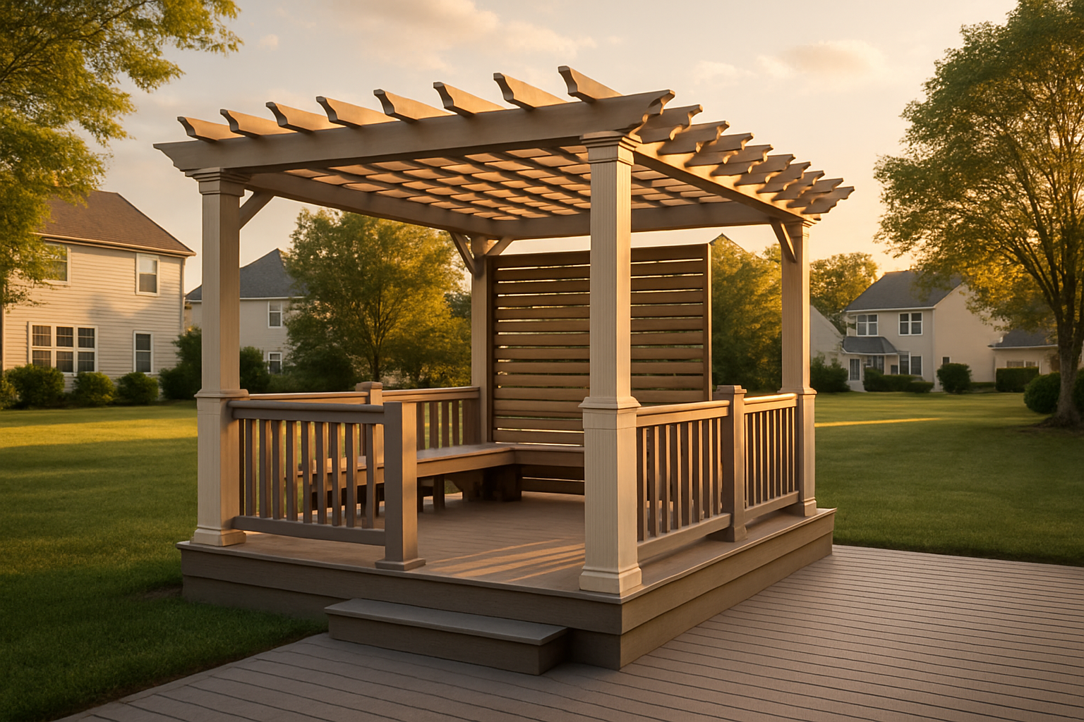 Finished 12x16 pergola over composite deck in Noblesville backyard at golden hour with wrapped posts, integrated bench, and matching railing.