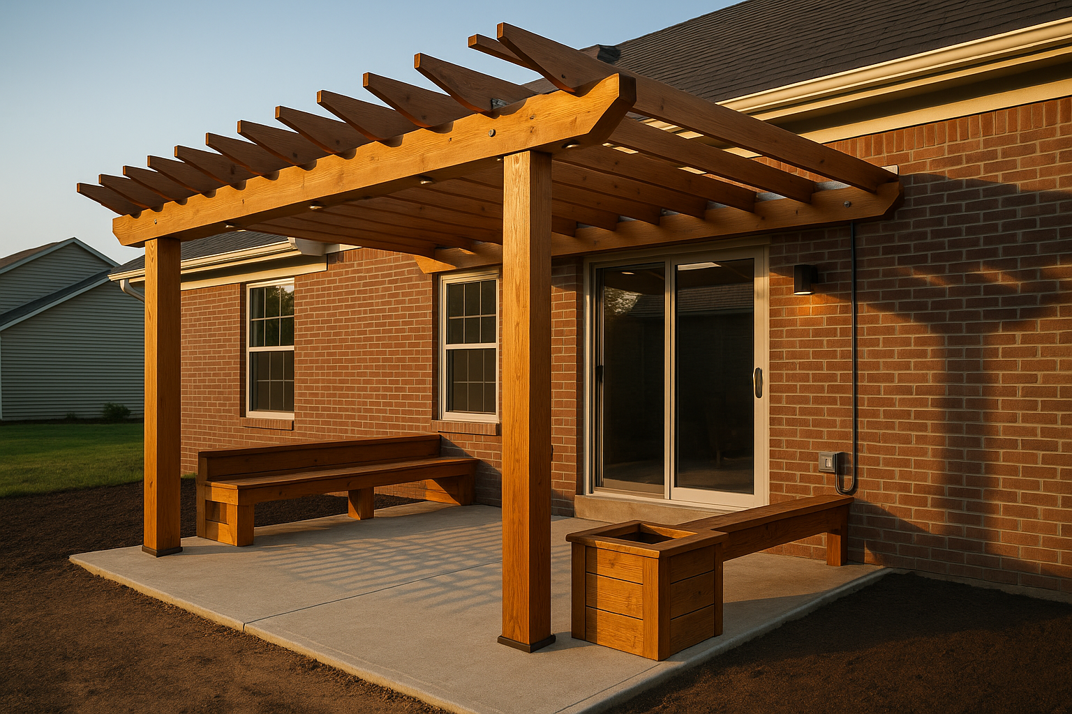 Attached cedar pergola on brick veneer at golden hour, ledger flashing, sealed end-grain, built-in bench, integrated lighting, clay soil, clean site.