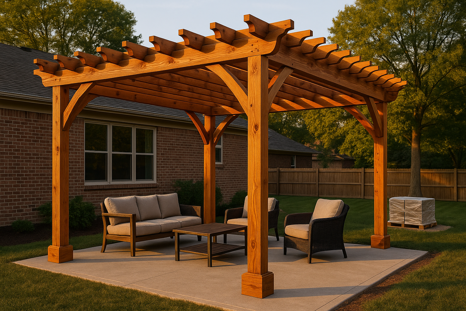 Golden-hour 12x16 cedar pergola with oil finish over patio, brick house and trees, staged furniture, tidy premium installation.