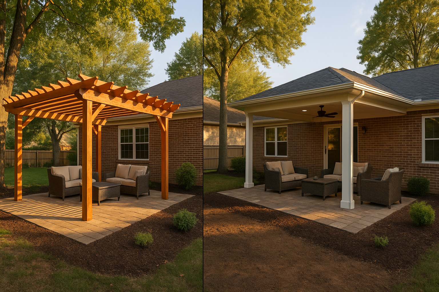 Wide golden-hour comparison: cedar pergola casting patterned shade vs attached asphalt-shingle covered porch in Indianapolis yard.