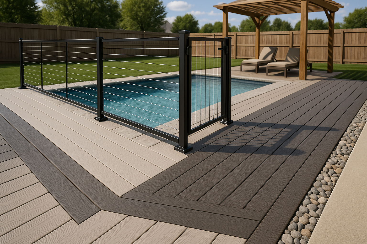 In-ground pool with low-flush composite/PVC deck, curved picture-frame, railing, pergola, pitched boards in Greenwood daylight.