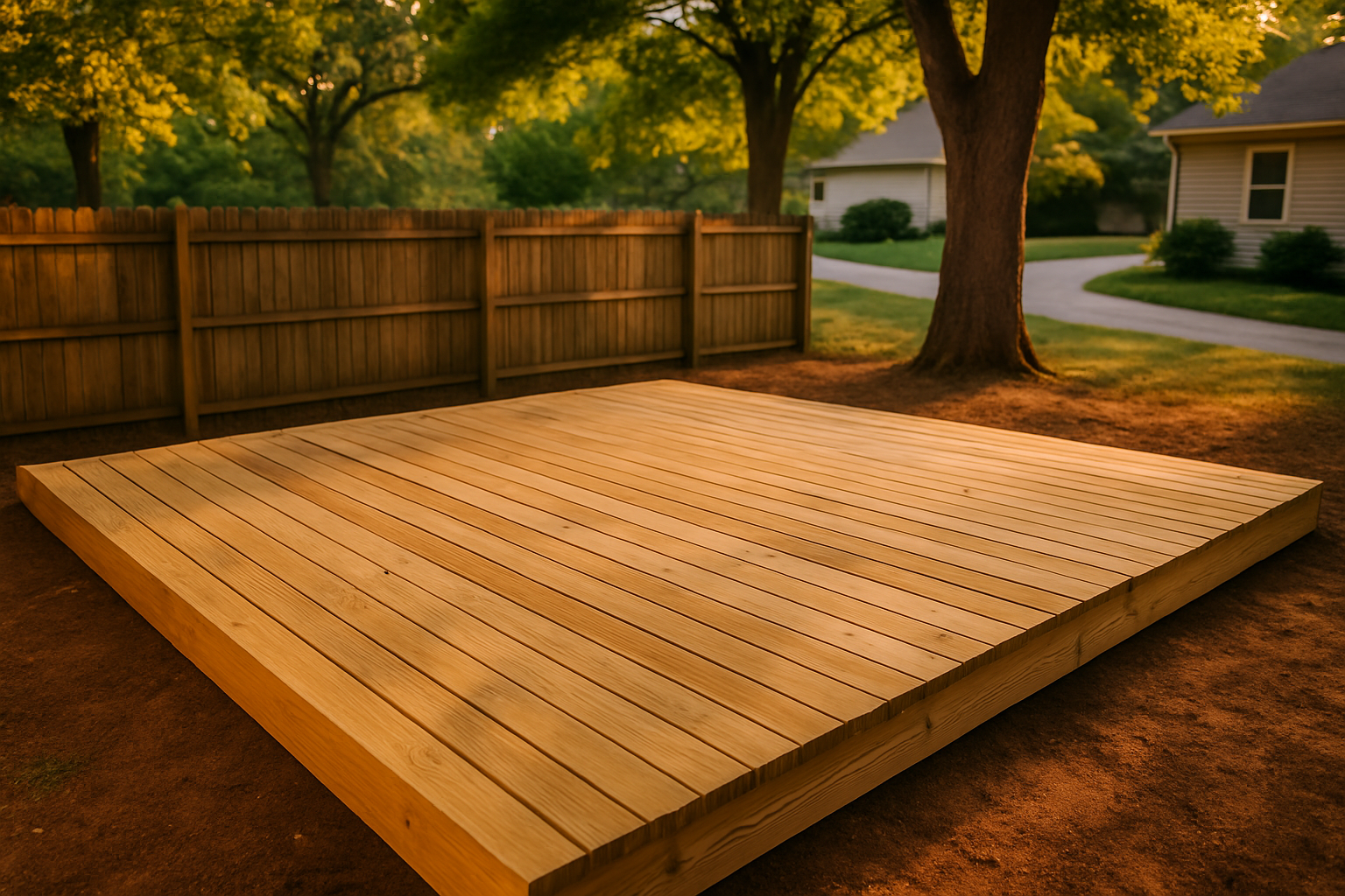 Finished ground-level PT wood deck in Noblesville backyard at golden hour, clay soil, fence, mature trees, material-focused.