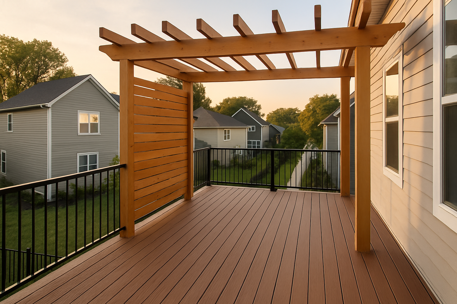 Golden-hour elevated deck with cedar pergola and 6–8 ft cedar slat privacy screen in Indianapolis residential context.