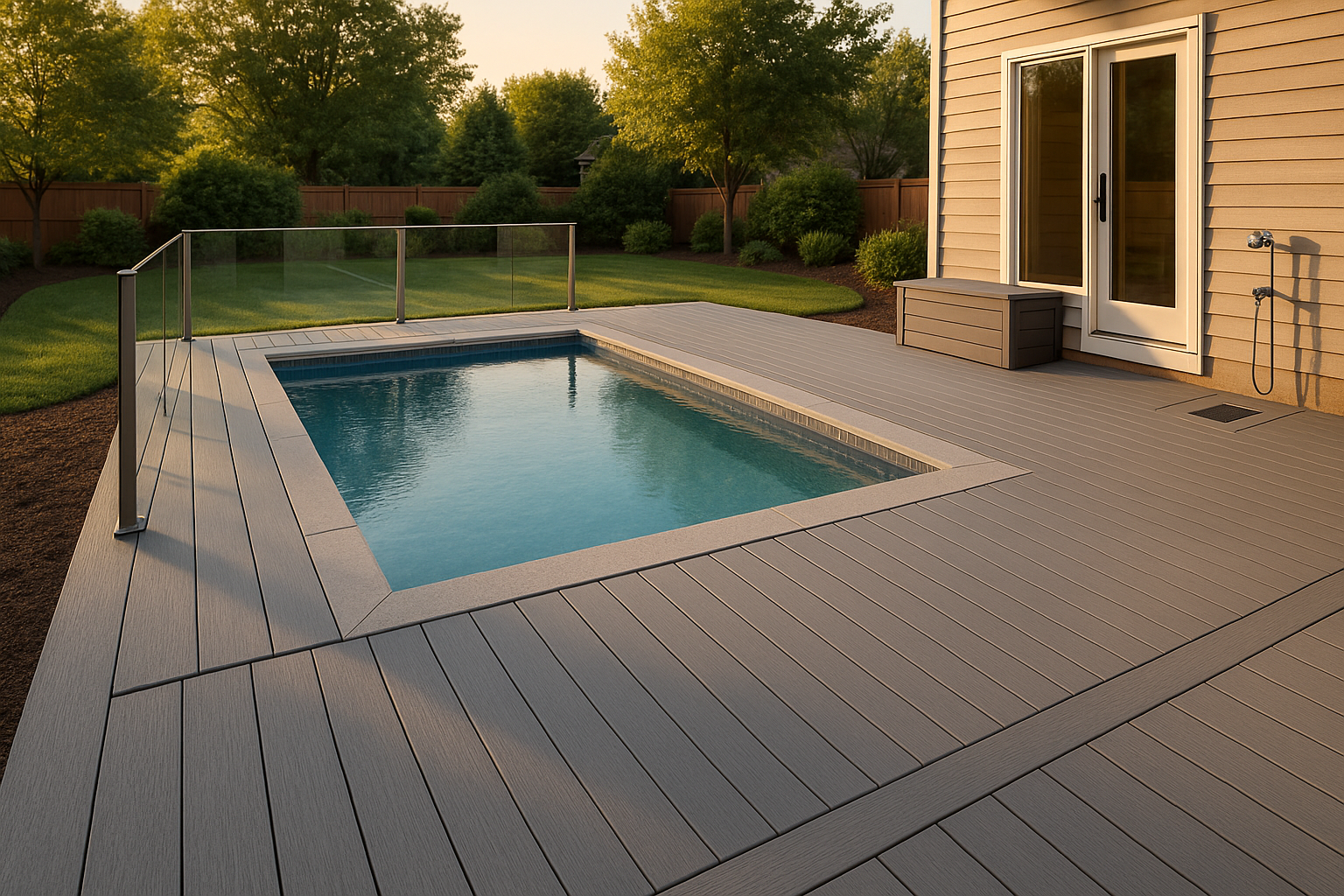 Wide golden-hour view of premium composite poolside deck, glass railing, picture-framed edge, flush threshold, storage bench, clay-soil yard.